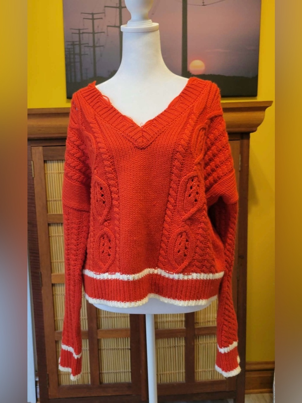 Moon River Red V-Neck Cable Knit Sweater with White Trim l PTP 23